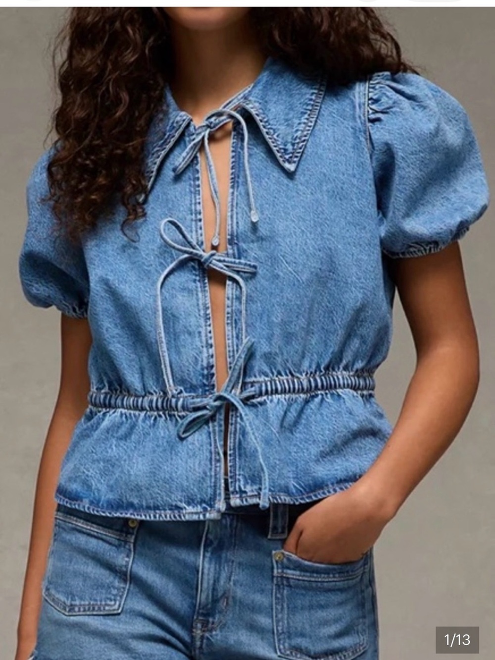 American Eagle Outfitters Blue Denim Tie-Front Puff Sleeve Blouse